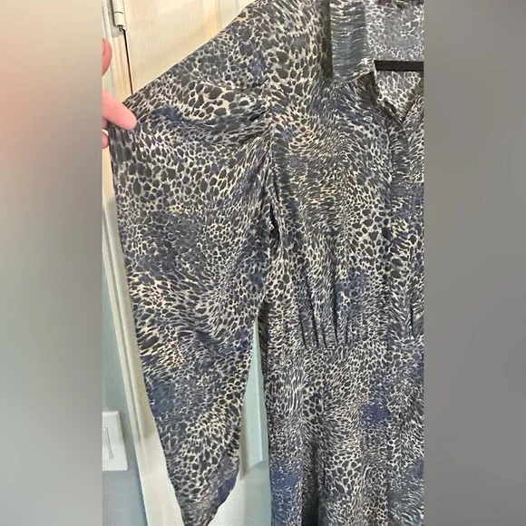 🖤”Kobi Halperin” 100% SILK Blue/Black/Cream Animal Print Bishop Sleeve Dress - Picture 5 of 13